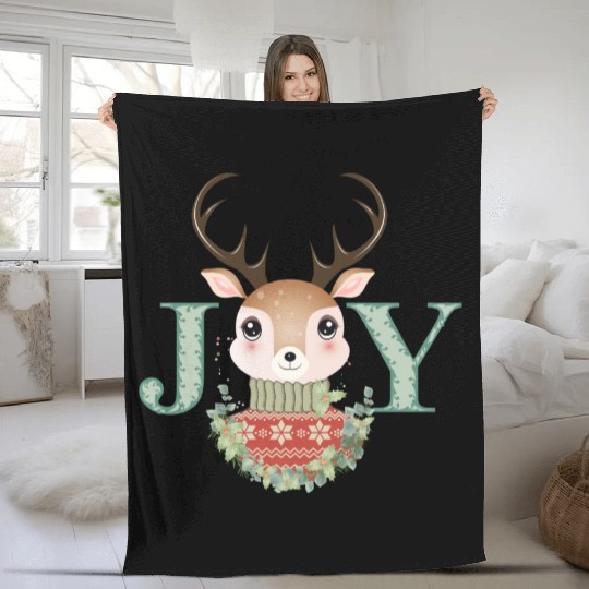 cute deer with sweater and Christmas wreath Fleece Blankets