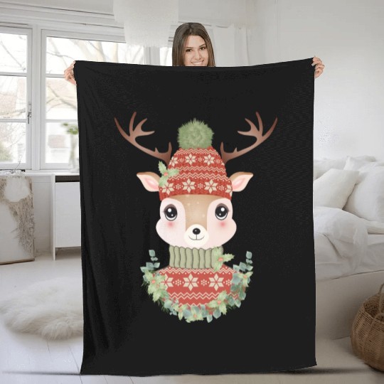 cute deer with sweater and Christmas wreath Fleece Blankets