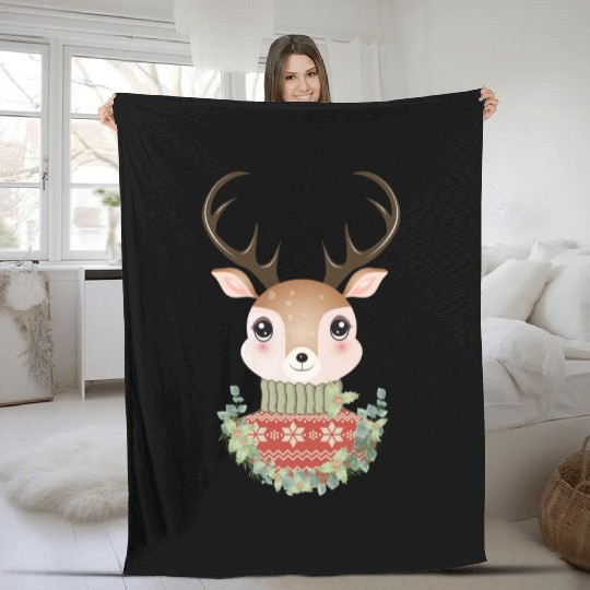 cute deer with sweater and Christmas wreath Fleece Blankets