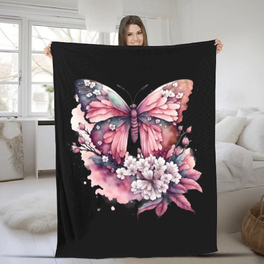 BUTTERFLY FLOWERS WATERCOLOR Fleece Blankets