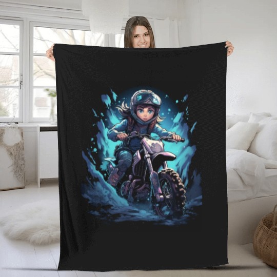 Dirt Bike Anime Girl Ice Racing Motorcycle Ice Fleece Blankets