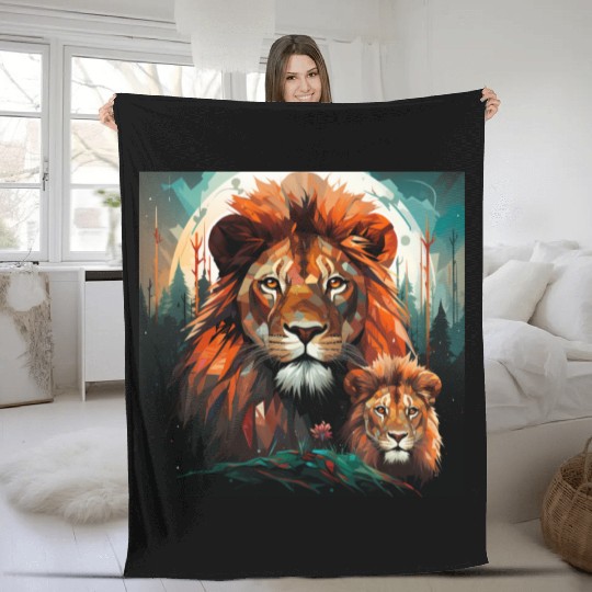Geometric Lion Mother and Lion Cub in the Forest Fleece Blankets