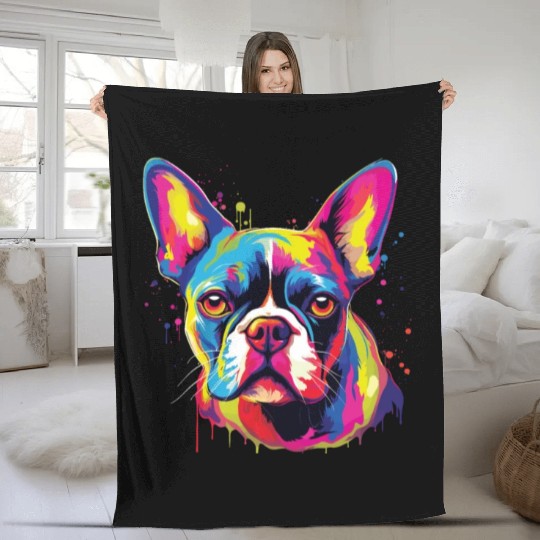 Watercolor Colorful Boston Terrier Fleece Blankets