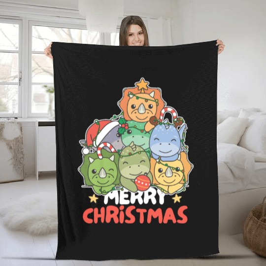 Dinosaur Christmas Tree Merry Christmas Fleece Blankets