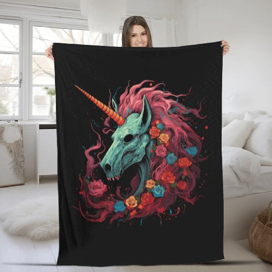 scary unicorn and flowers Fleece Blankets