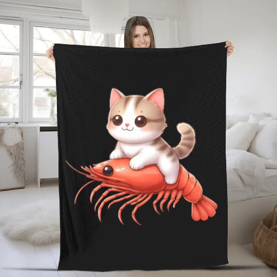 Cat rides on shrimp Fleece Blankets