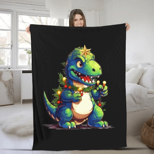 Christmas T-Rex Funny Dino Christmas Tree Kids Boy Fleece Blankets