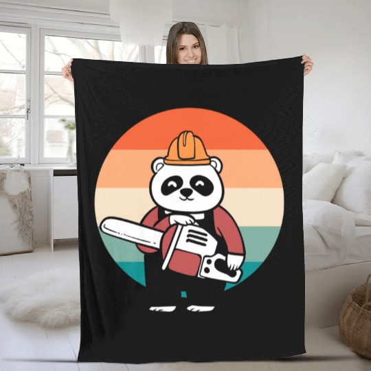 Panda Chainsaw Tree Worker Fleece Blankets