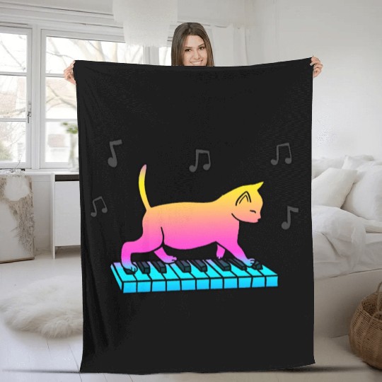 Piano Cat Gift For Cat Lover Fleece Blankets