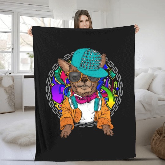 Street Dog Chihuahua Graffiti With Chain Dog Fleece Blankets