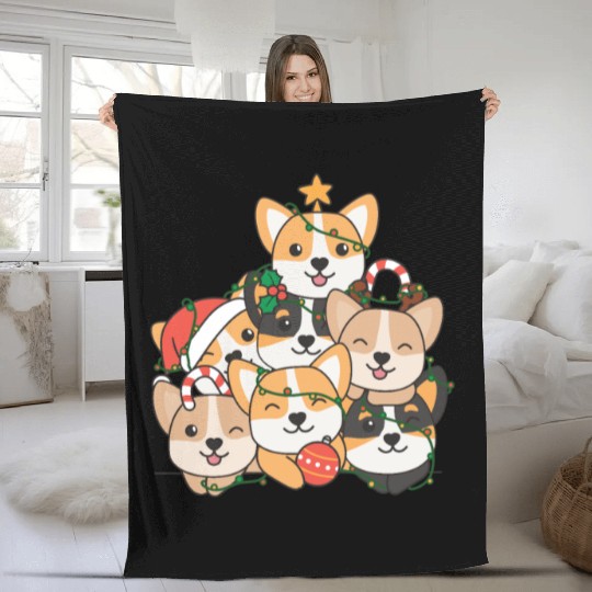 Corgi Christmas Tree Funny Animal Christmas Fleece Blankets