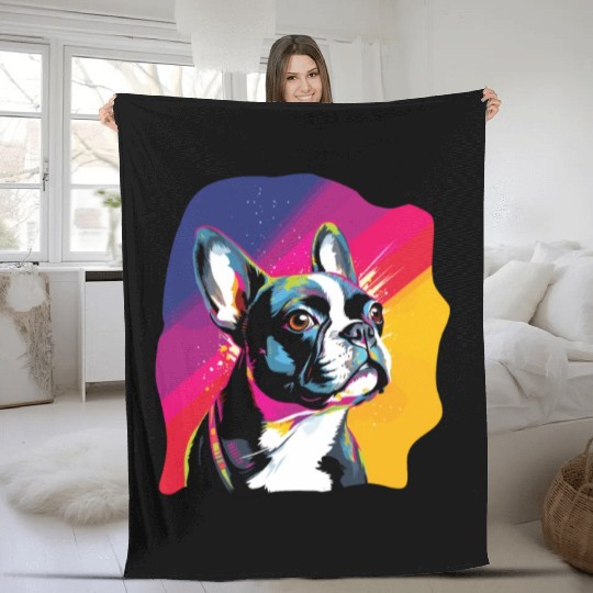 Watercolor Colorful Boston Terrier Fleece Blankets