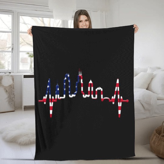 Chicago Skyline Heartbeat USA Heart I Love Chicago Fleece Blankets