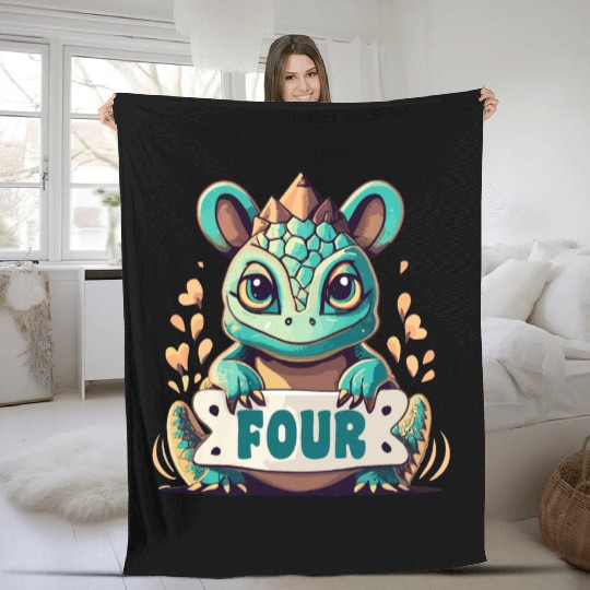 Fantasy Reptile Creature With Word "Four" Fleece Blankets
