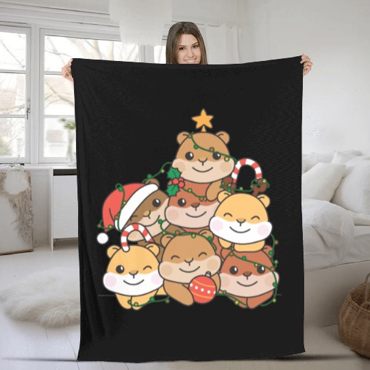Hamster Christmas Tree Funny Animal Christmas Fleece Blankets