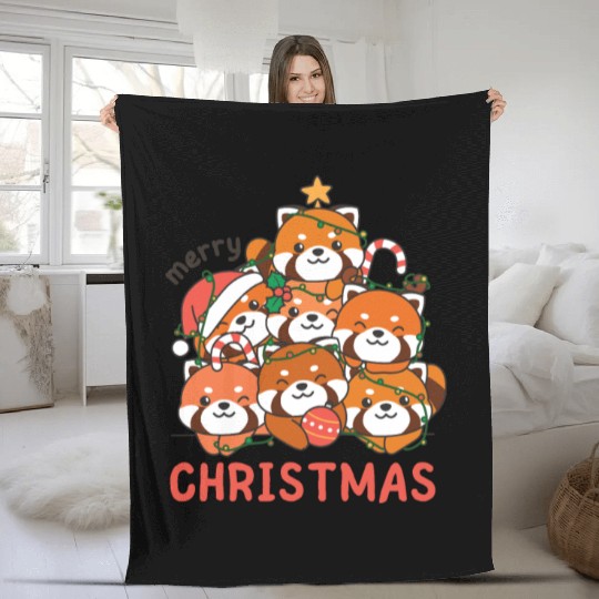 Red Panda Christmas Tree Merry Christmas Fleece Blankets