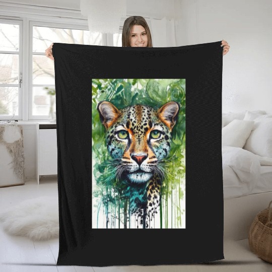 Leopard ink painting with green background Fleece Blankets