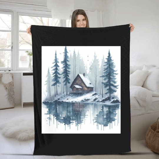 Winter cabin Fleece Blankets