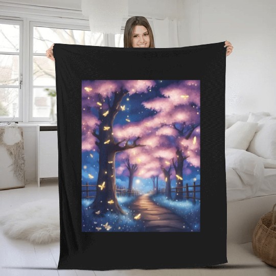 Fireflies In Cherry Blossom Trees Fleece Blankets