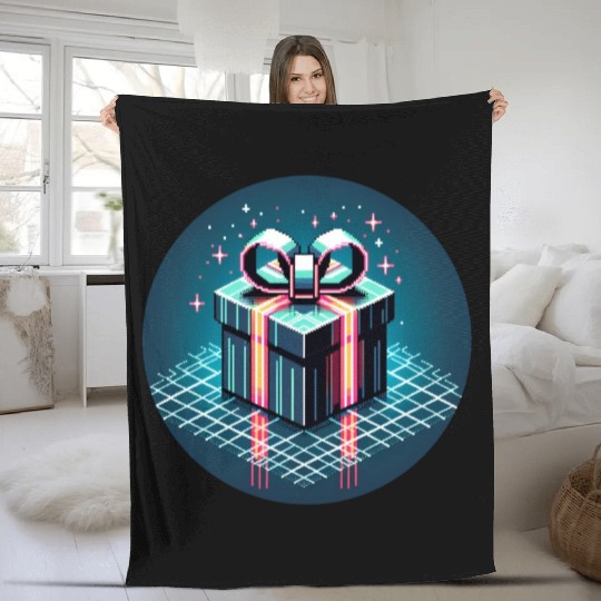 Cyberpunk Pixel Art Gift Box - Neon Ribbons Fleece Blankets