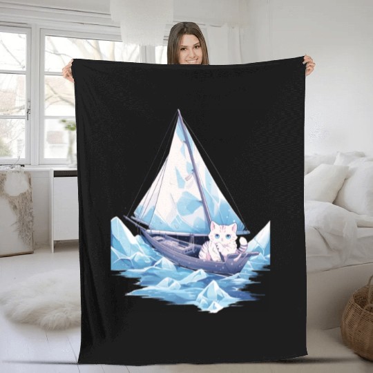 Ice Sailing Cat Kitten Ice Sailor Ice Boating Fleece Blankets