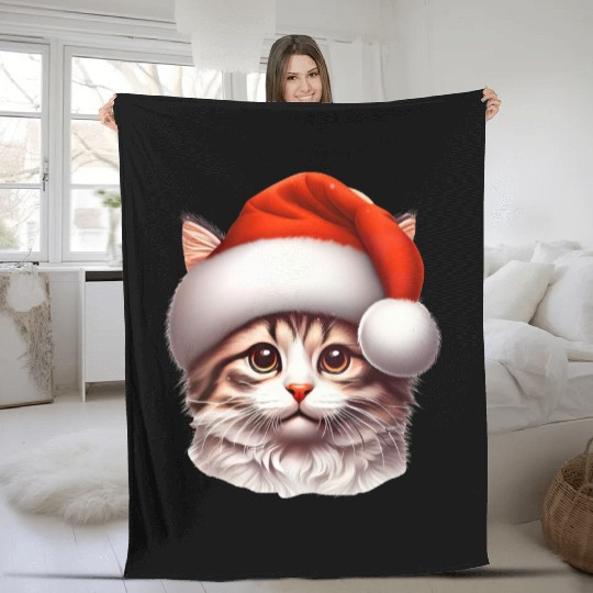 Cute Kitten Wearing a Santa Claus Hat Fleece Blankets