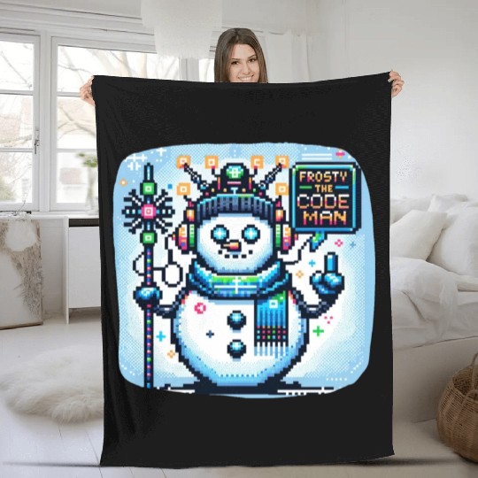 Frosty the Code-man | Cyberpunk Neon Snowman Pixel Fleece Blankets