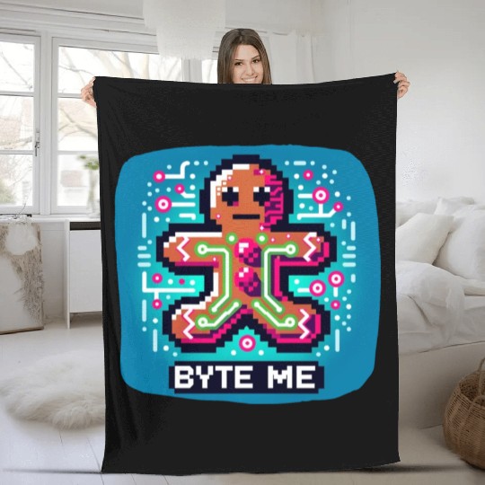Neon Cyberpunk Gingerbread - "Byte Me" Christmas Fleece Blankets