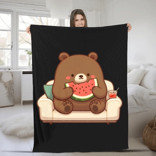 Cosy bear enjoying watermelon Fleece Blankets
