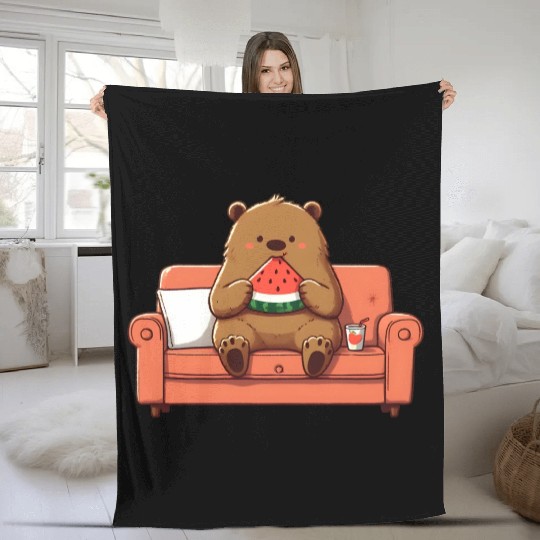 Cosy bear enjoying watermelon Fleece Blankets