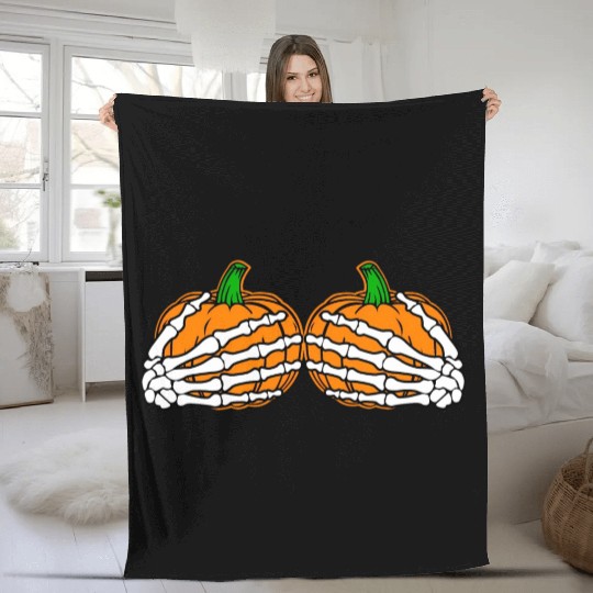 Halloween Skeleton Hands On Chest Pumpkin Boobs Fleece Blankets
