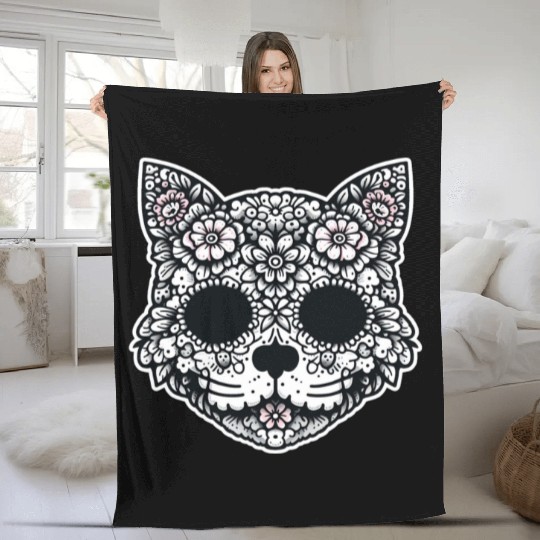 Monochromatic Floral Cat Fleece Blankets