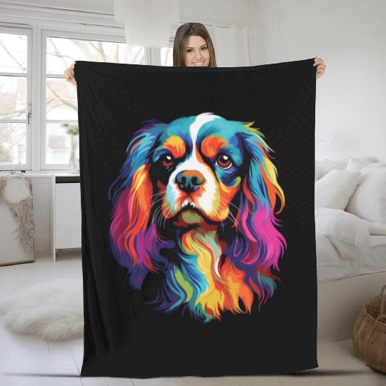 Watercolor Colorful Cavalier King Charles Spaniel Fleece Blankets