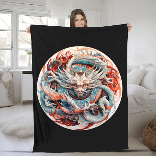 Chinese Dragon Mandala Art Fleece Blankets