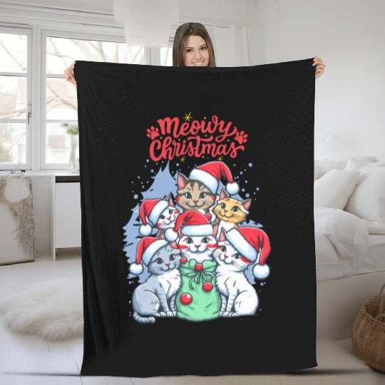 Meowy Christmas Fleece Blankets, Cat Lover Fleece Blankets, Christmas