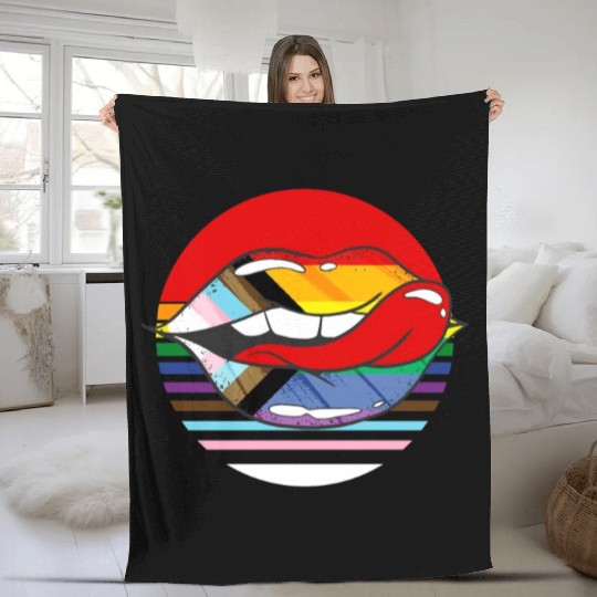 Retro Progress Pride Flag LGBTQ Rainbow Lips Fleece Blankets