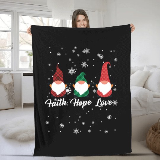 Faith Hope Love Religious Family Christmas Gnome Fleece Blankets