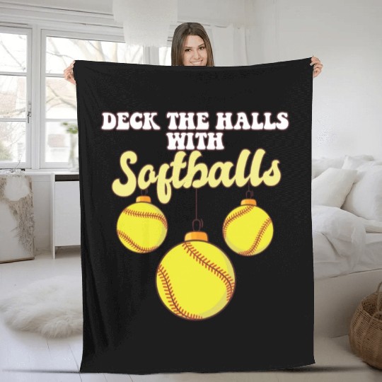 Softball Player Catcher Christmas Balls Deck The Fleece Blankets