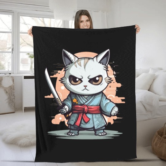 Cute Samurai Cat Kawaii Japanese Ronin Aesthetic A Fleece Blankets