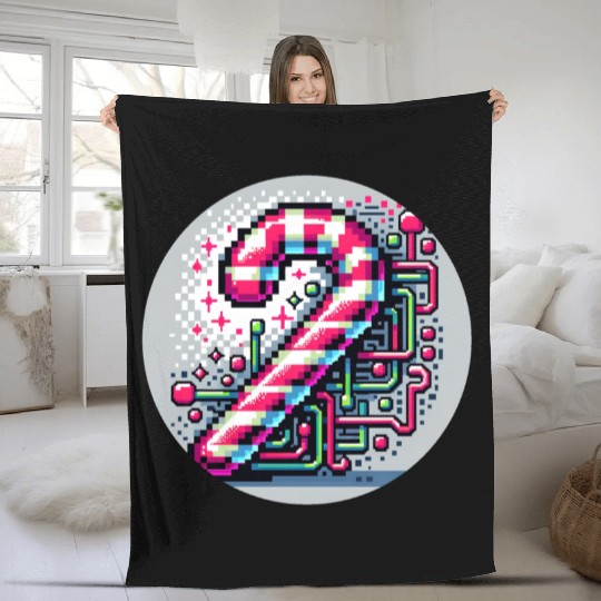 Neon Cyberpunk Candy Cane 8-Bit Pixel Christmas Fleece Blankets