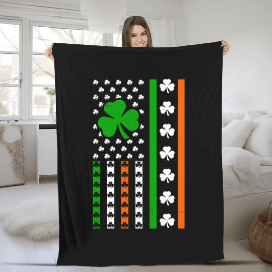 Irish American Flag Ireland Lucky Clover Shamrocks Fleece Blankets