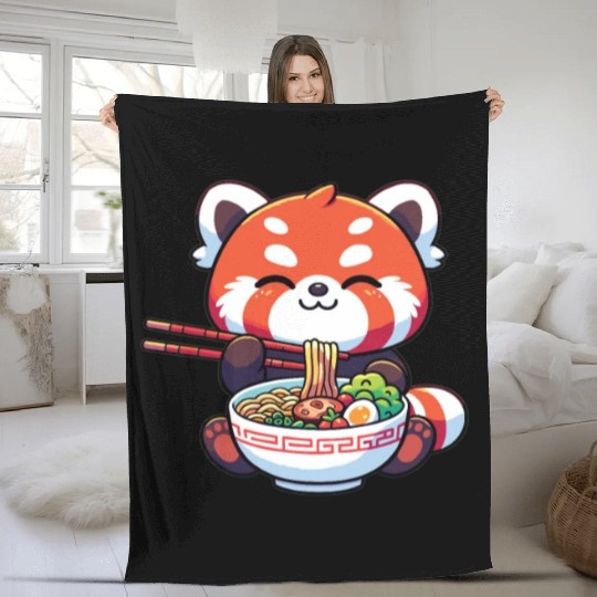 Cute Red Panda Eats Ramen Noodles Red Panda Fleece Blankets