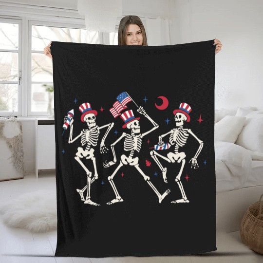 Three USA Skeleton Patriots Dancing with US Flag Fleece Blankets