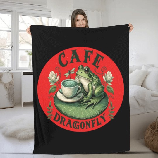 Cafe Dragonfly: Whimsical Serene Frog on Lily Pad Fleece Blankets