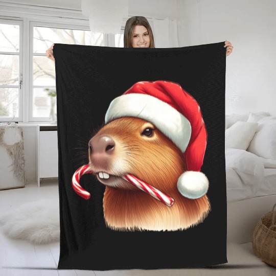 Festive capybara with candy cane Fleece Blankets