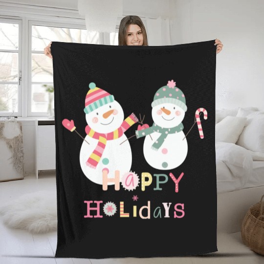 Fun Snowman Happy Holidays Colorful Christmas Fleece Blankets