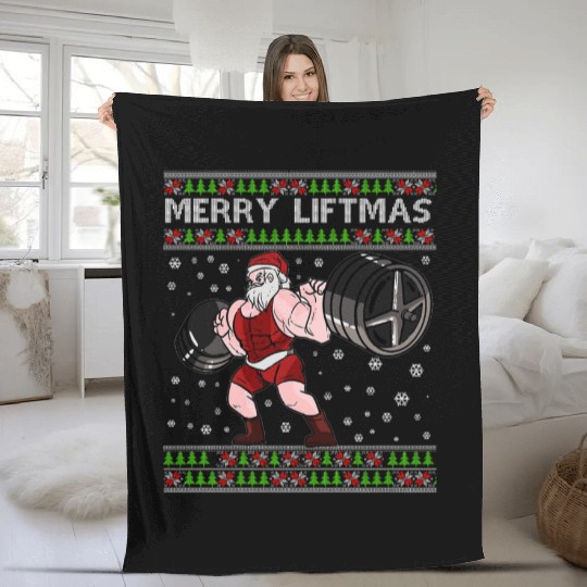 MERRY LIFTMAS Funny Strong Santa Claus Fleece Blankets