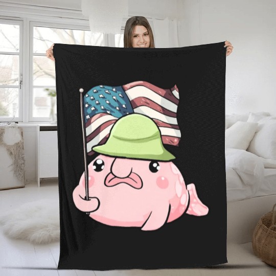 Kawaii Patriotic Blobfish 4th of July US Flag Fleece Blankets