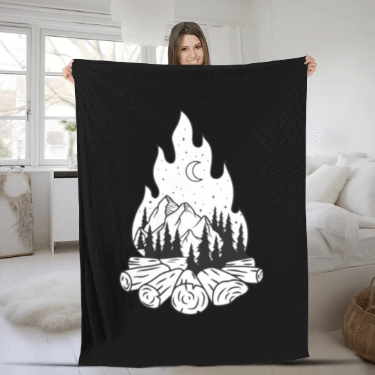 Campfire with Mountain and Moon Fleece Blankets