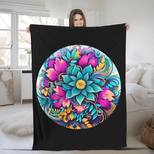 Botanical Neon Floral Circle Design Fleece Blankets